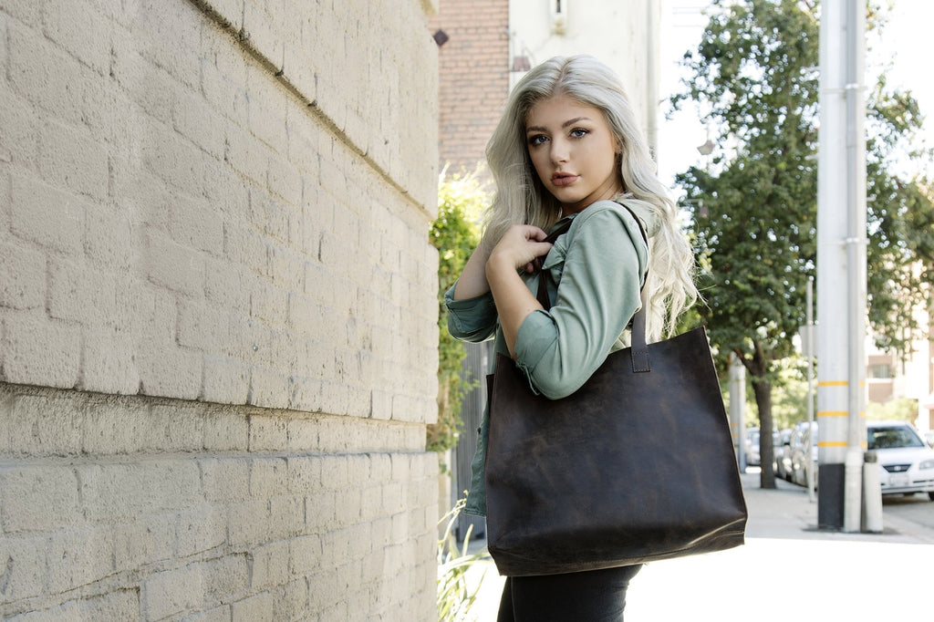 Kiko Raw Edge Tote bag in marbled mocha top grain leather with vintage square shape and spacious interior