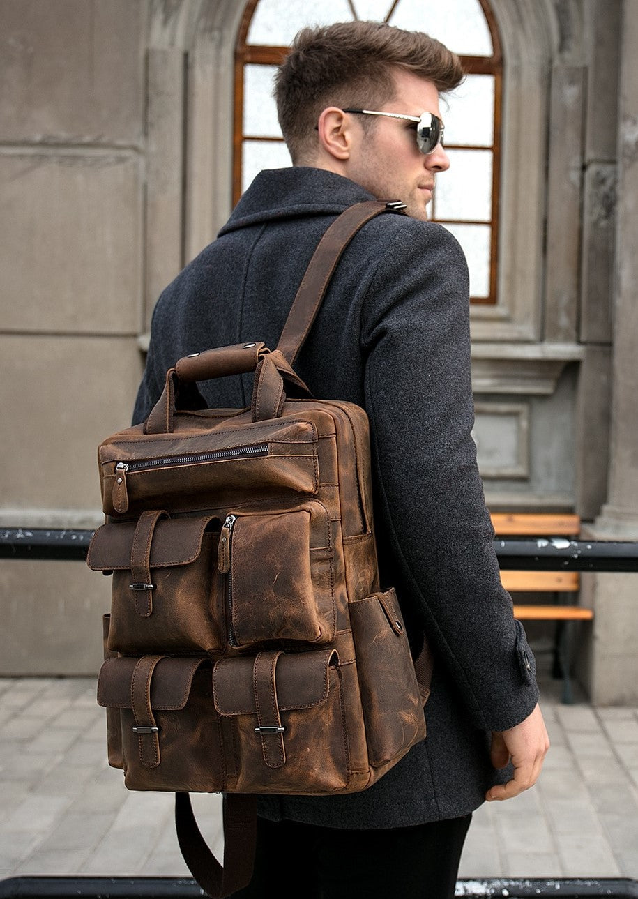 The Shelby Backpack handmade genuine Crazy Horse leather with padded laptop compartment and multiple pockets
