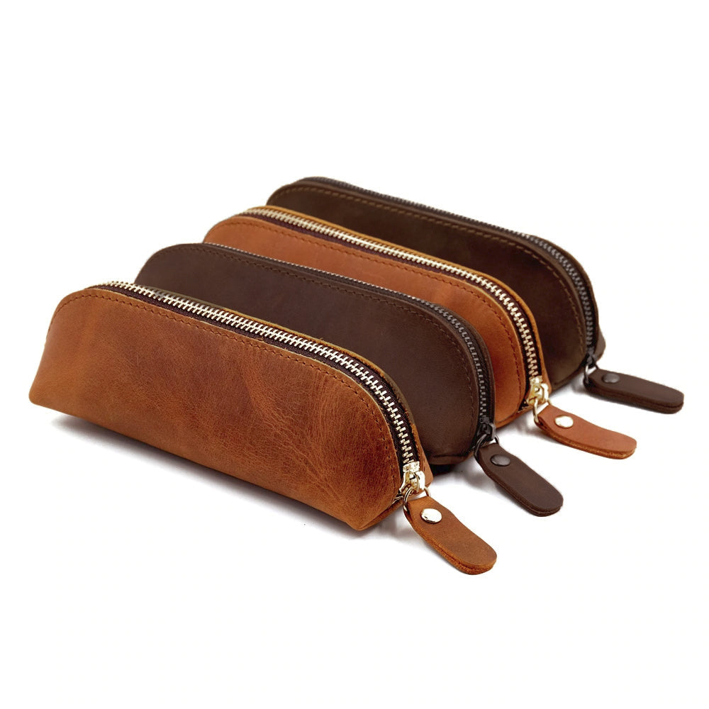 Paavo Leather Pen Case handmade full grain leather with brass YKK zipper compact design