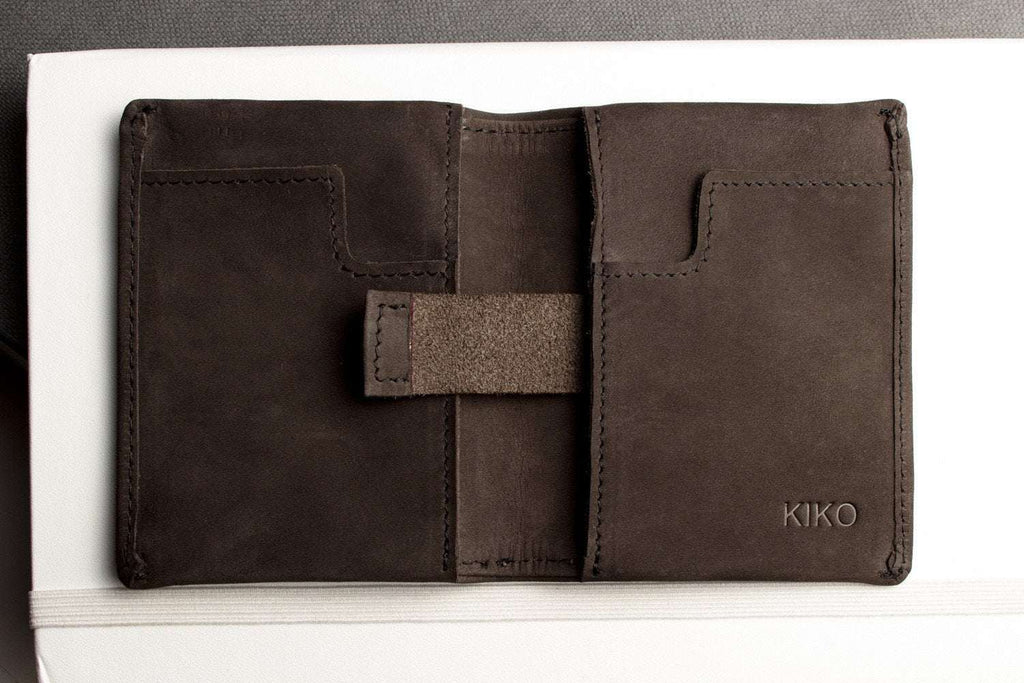 Kiko Slim Bifold Wallet handcrafted leather with 2 card slots and quick-access pocket holding folded cash