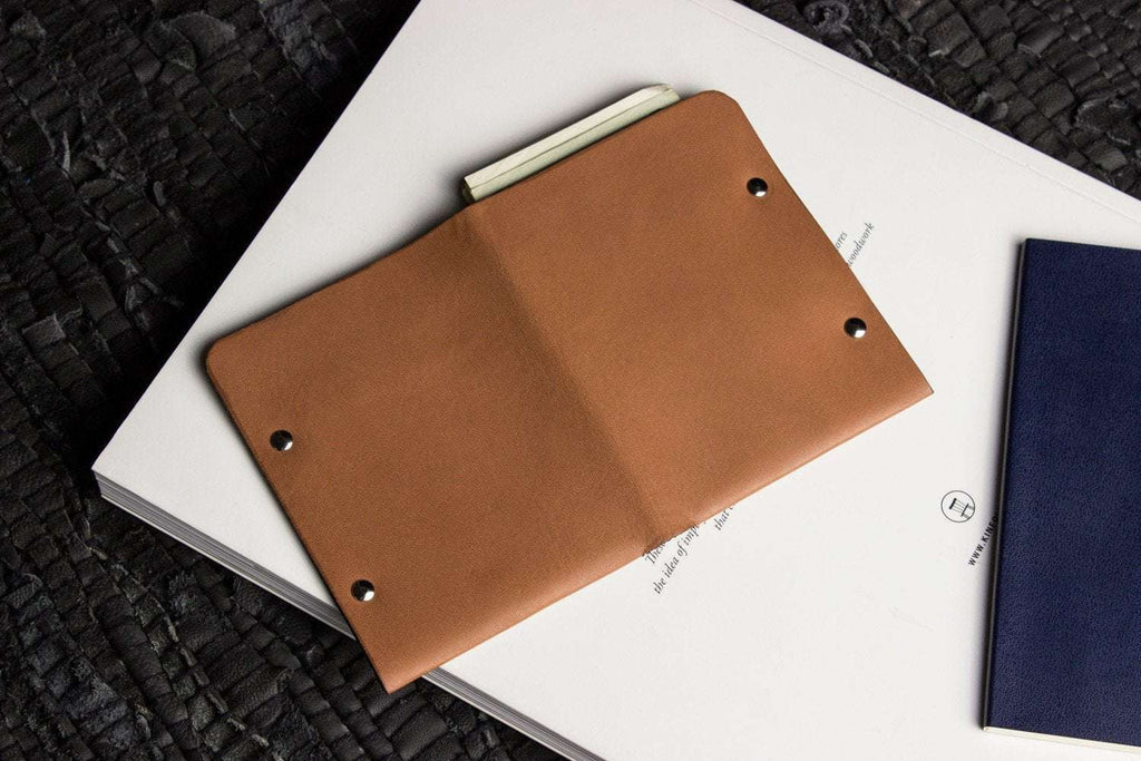 Unstitched leather twofold wallet made from vegetable-tanned cowhide with minimalist design and card slots