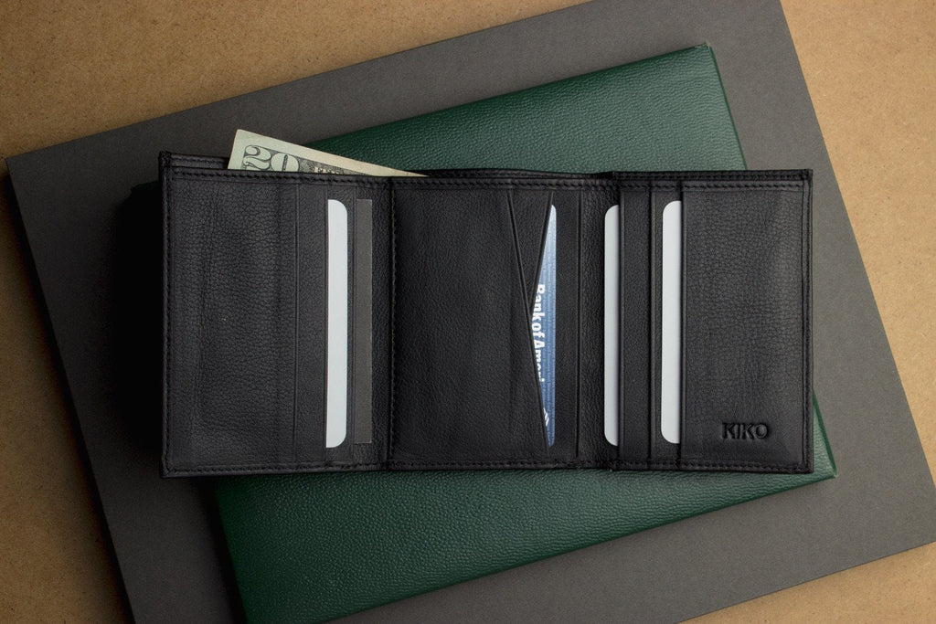 Kiko leather trifold wallet full grain cowhide compact design with card slots and ID window