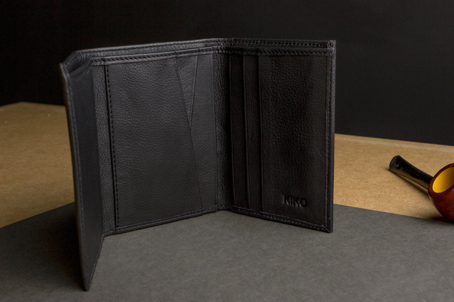 Elegant Kiko leather trifold wallet made from butter soft full grain cowhide with 9 card slots and ID window