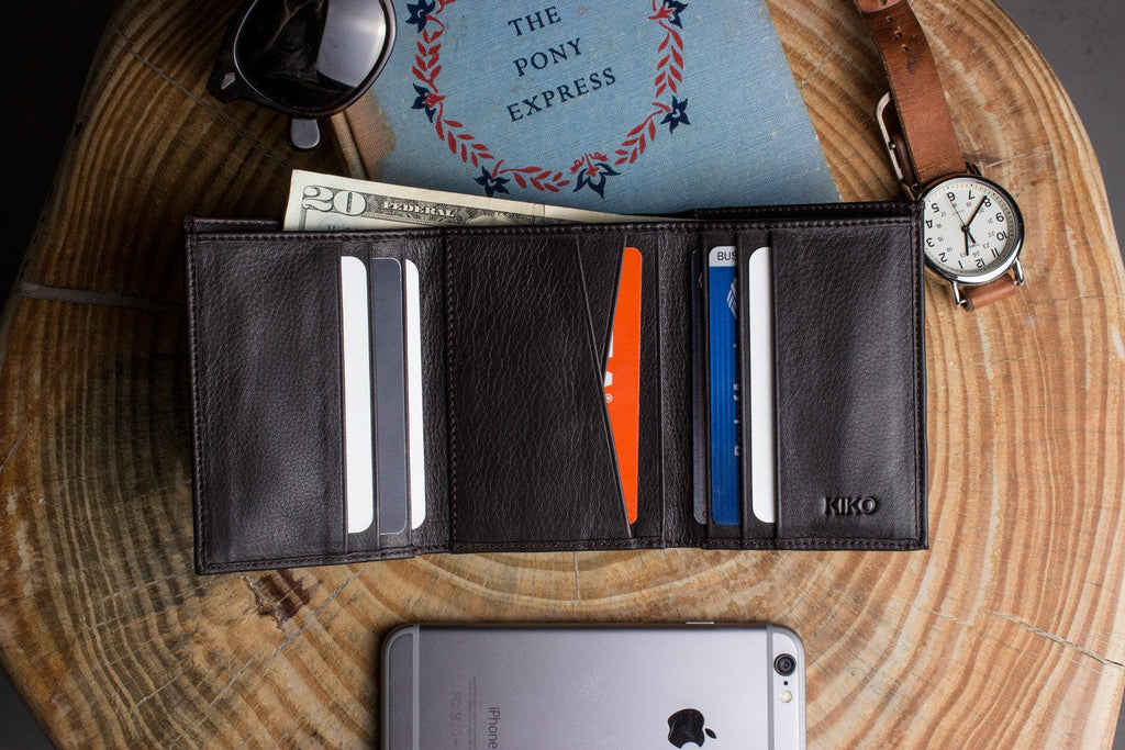 Luxury leather trifold wallet with butter soft full grain cowhide and nine card slots