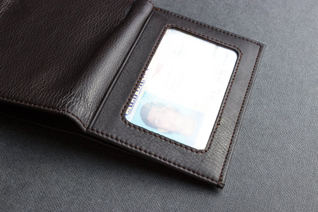 Kiko leather trifold wallet made from soft full grain cowhide with multiple card slots and ID window