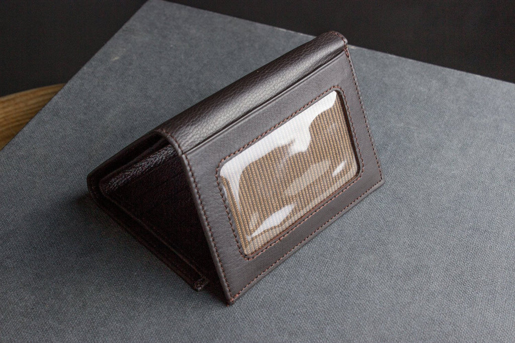 Kiko leather trifold wallet made from full grain cowhide with nine card slots and ID window