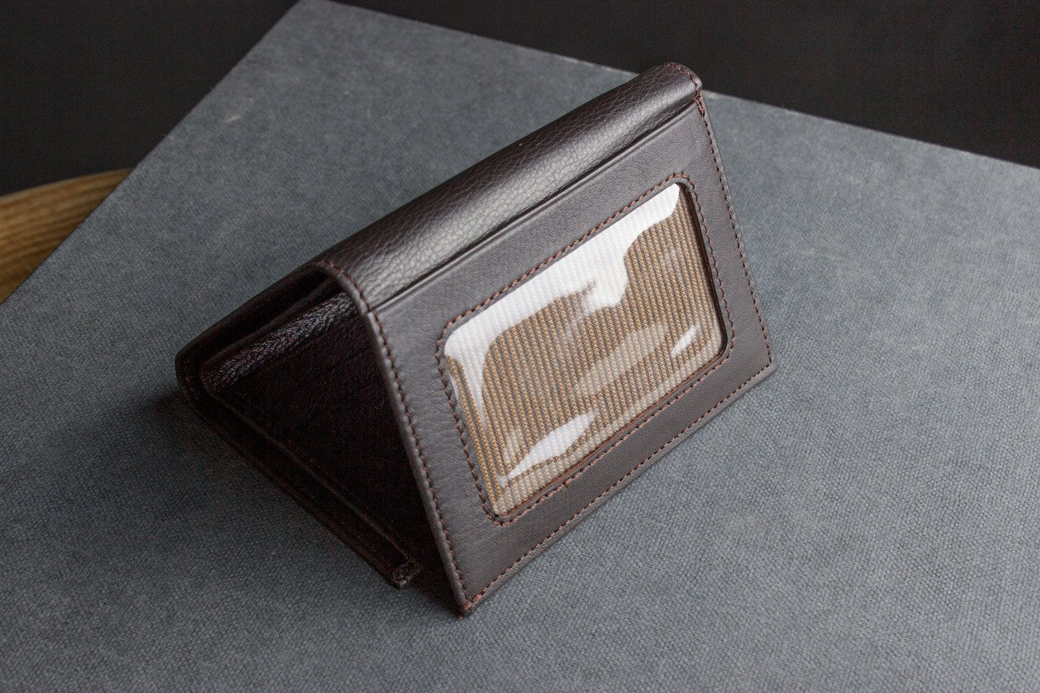 Kiko leather trifold wallet made from full grain cowhide with nine card slots and ID window