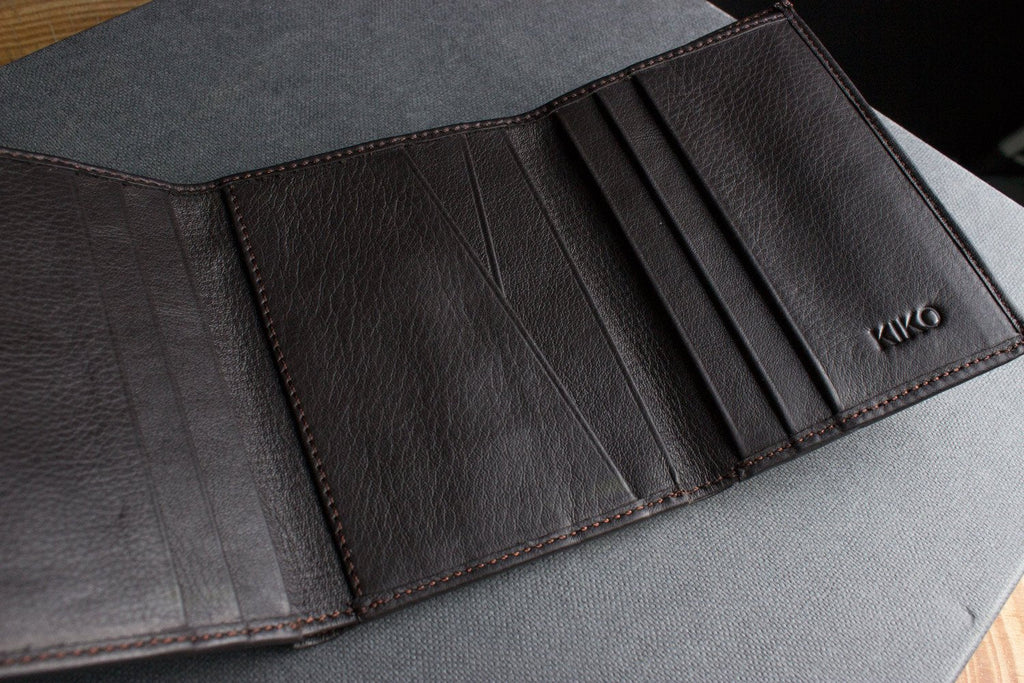 Kiko leather trifold wallet made from butter soft full grain cowhide with 9 card slots and ID window