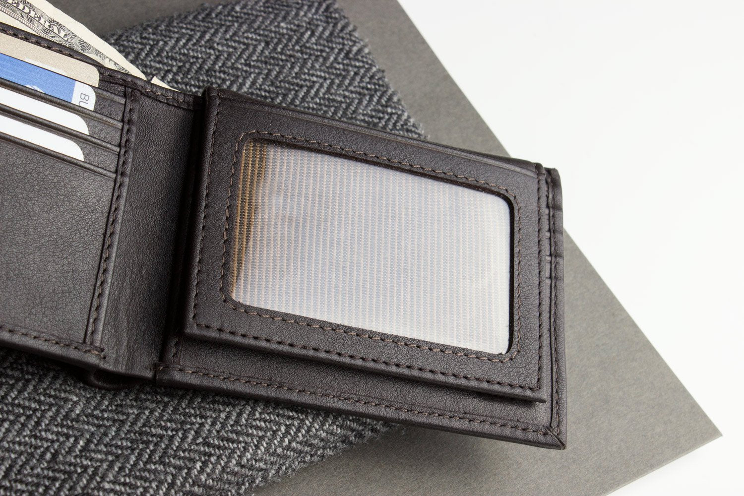 Traditional bifold wallet made of glove-tanned cowhide leather with multiple card slots and ID window, neatly stitched for a classic look