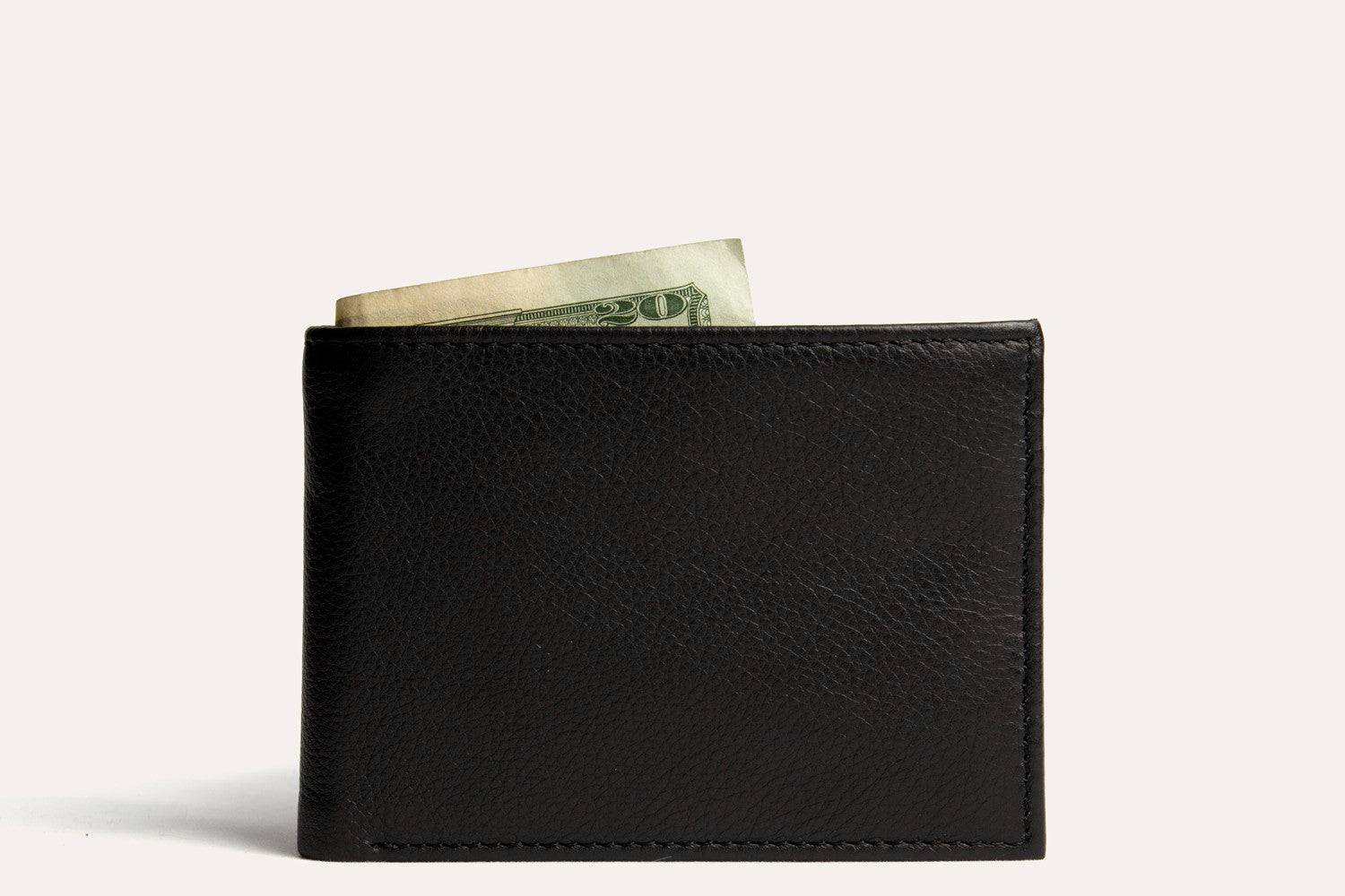 Traditional bifold wallet made of glove tanned cowhide leather with multiple card slots and ID window