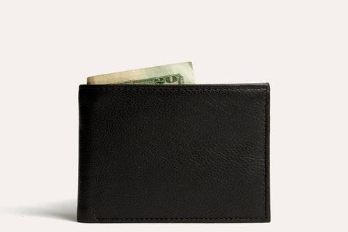 Traditional bifold wallet made of glove-tanned cowhide leather with 8 card slots and removable ID window
