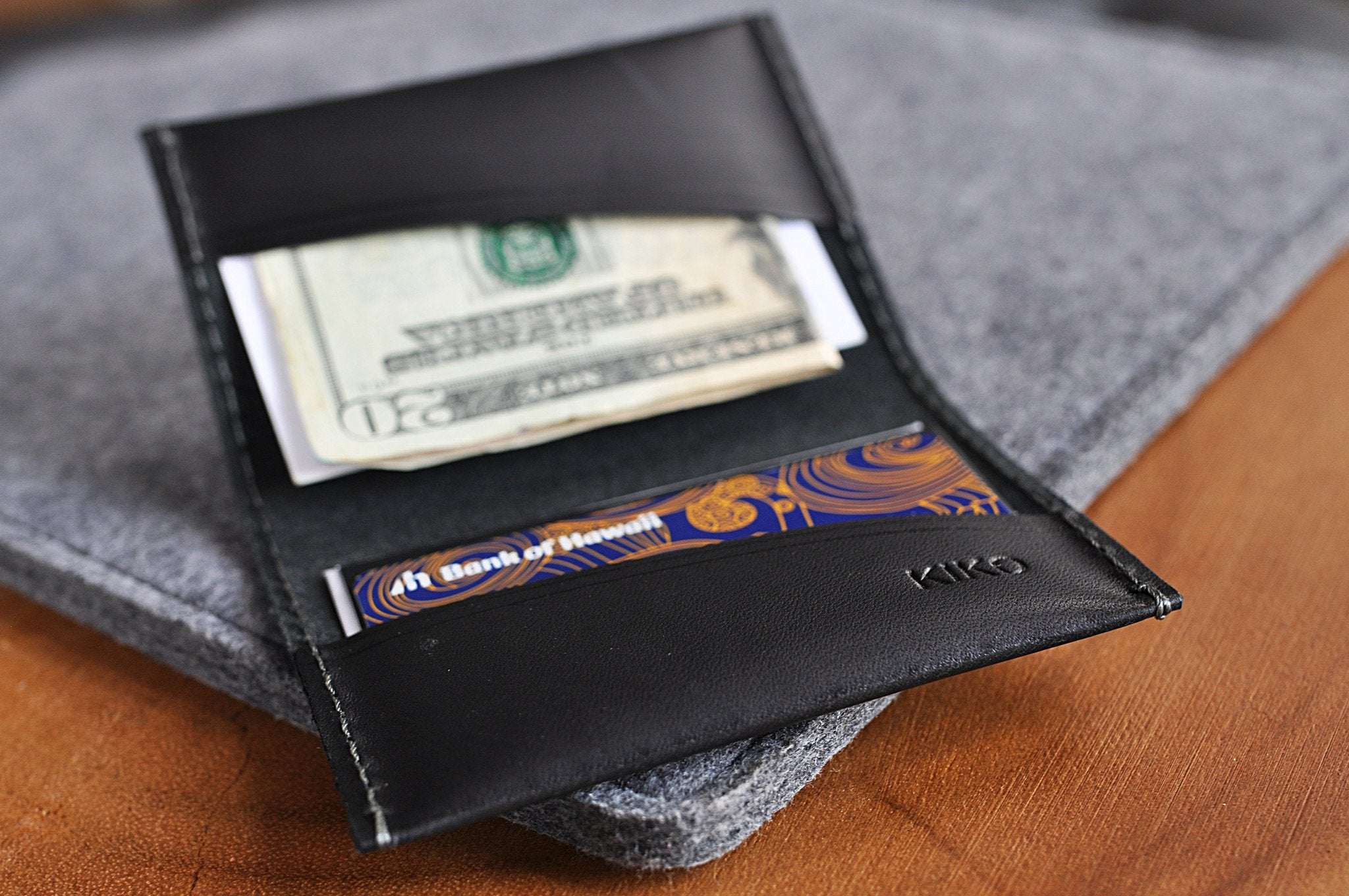 Premium black leather Two Fold Card Wallet with grey stitching and two card slots