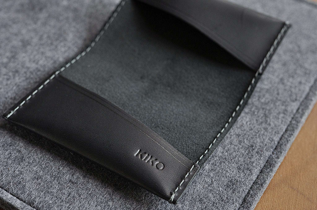 Sleek black leather Two Fold Card Wallet with grey stitching and two card slots