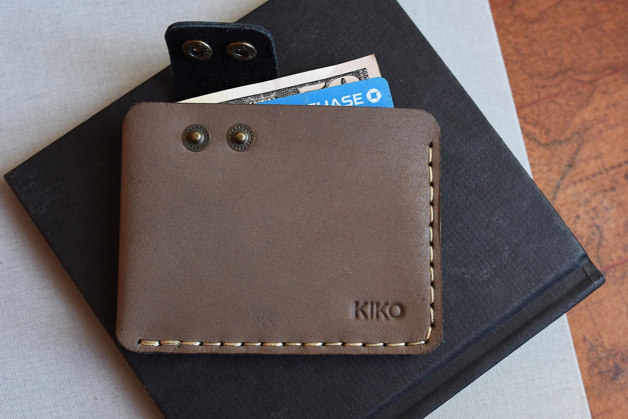 Slim Kiko Card Wallet in smooth leather with brass buttons and secure flap closure
