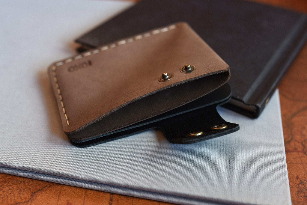 Slim Kiko Card Wallet in smooth leather with brass buttons and secure flap closure for organized card storage