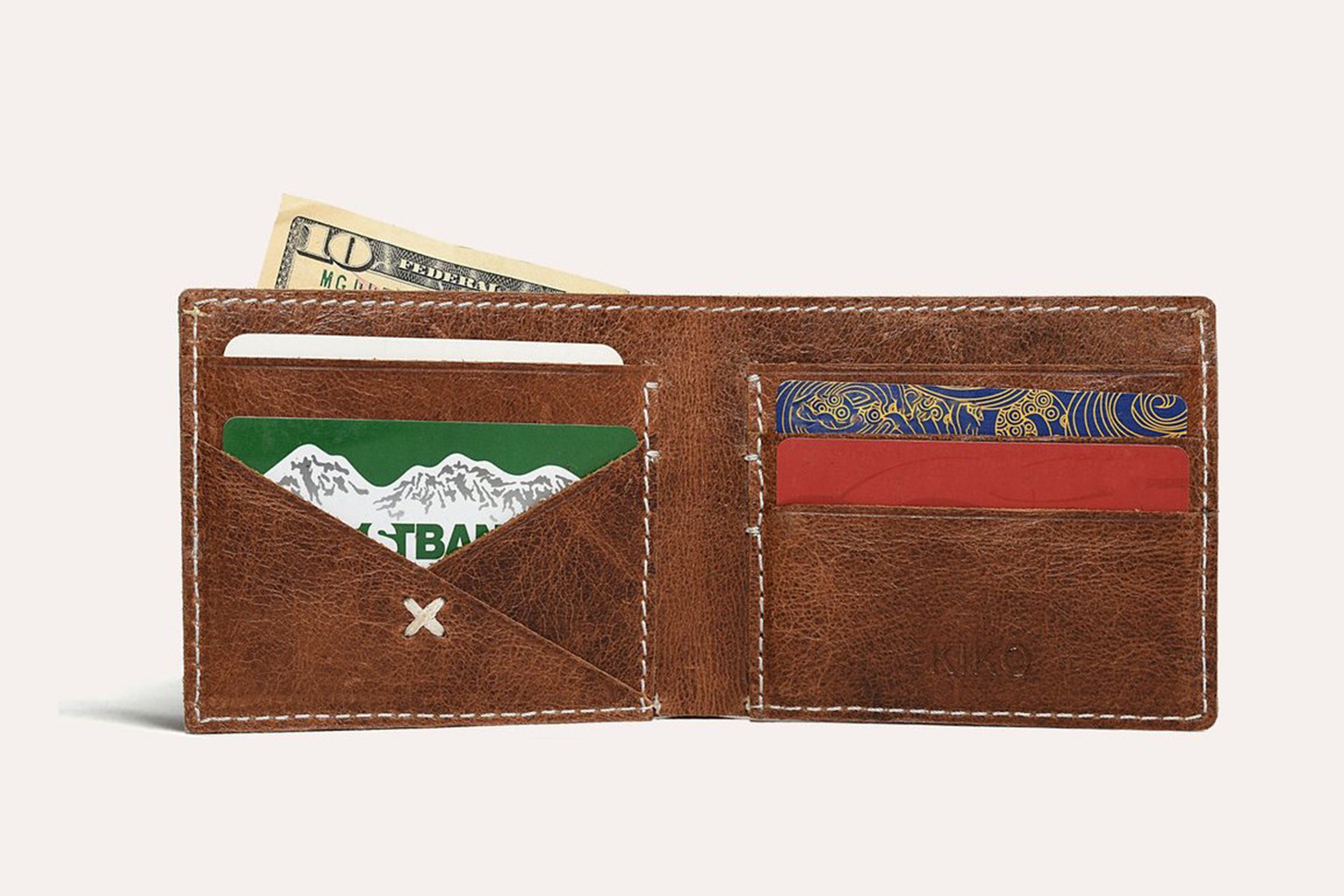 Kiko artisan Leather X Bifold Wallet with white stitching and five card slots in natural leather