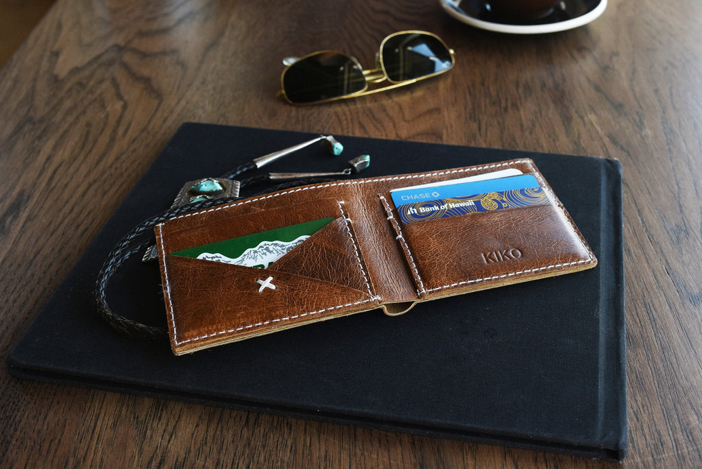 Kiko Leather X Bifold Wallet with white stitching and five card slots in natural leather