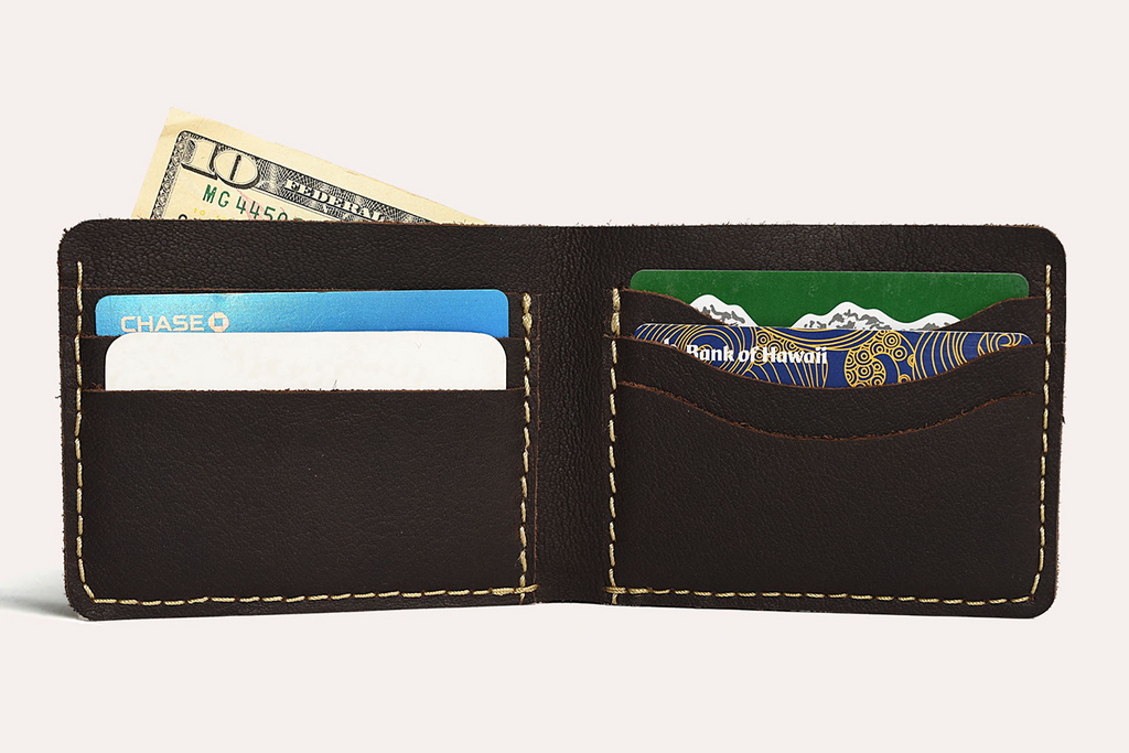 Wave Bifold Leather Wallet with 6 card slots and light stitching, slim bifold design