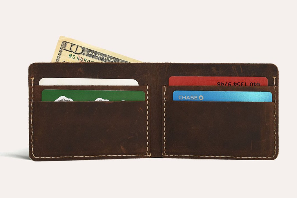Kiko Straight Cut Bifold Wallet in dark brown distressed leather with four card slots and full-length bill compartment