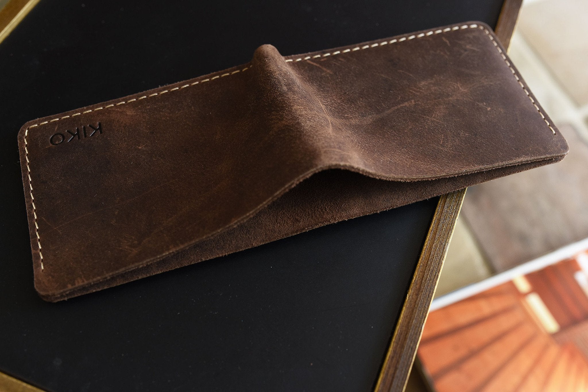 Kiko Straight Cut Bifold Wallet dark brown distressed leather with four card slots and full-length bill compartment