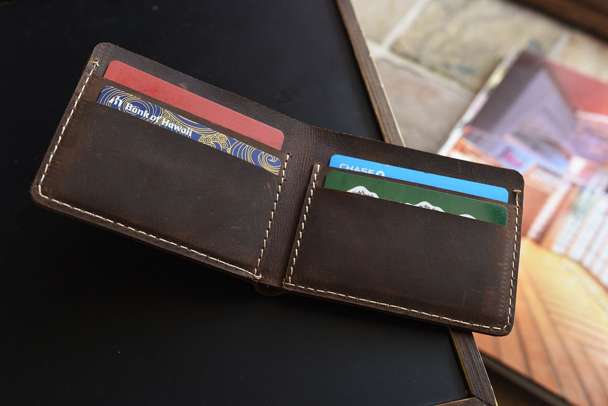 Kiko Straight Cut Bifold Wallet in dark brown distressed leather with four card slots and full-length bill compartment