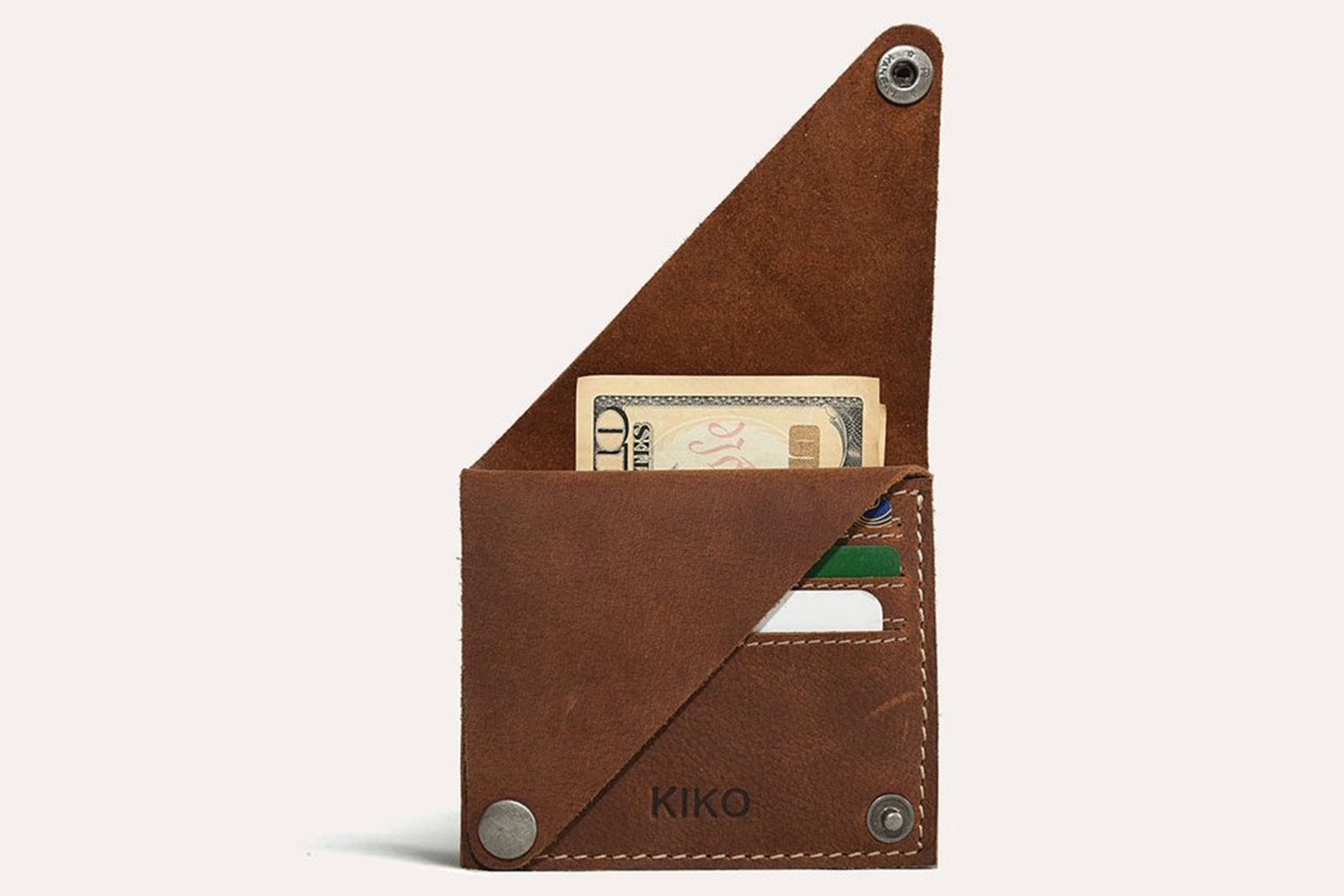 Kiko Wing Fold Wallet with geometric leather design, card slots, and button closure