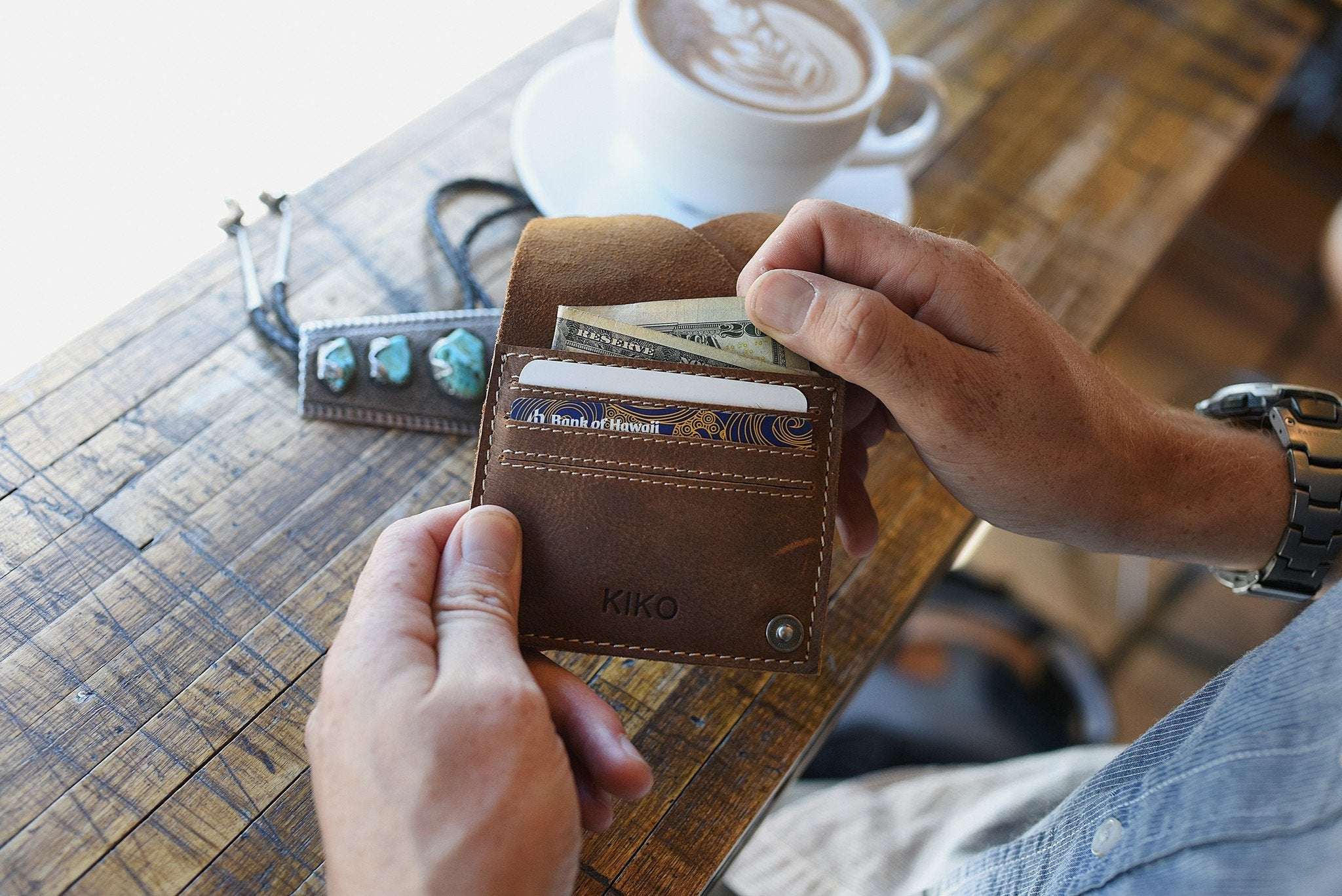 Kiko Wing Fold Wallet in soft leather with geometric design, card slots, cash space, and white stitching