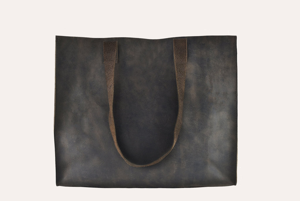 Kiko Raw Edge Tote Bag in top grain leather with vintage square shape and marbled mocha finish