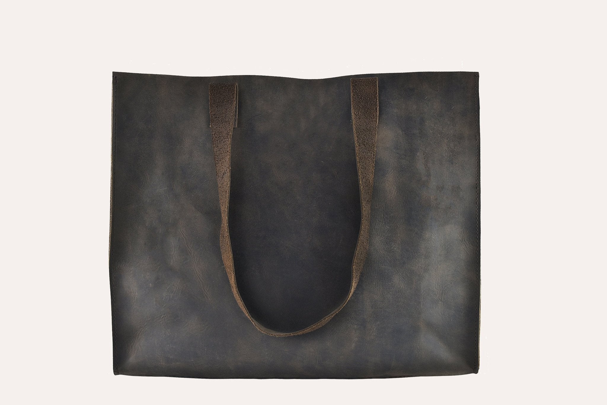 Kiko Raw Edge Tote Bag in top grain leather with vintage square shape and marbled mocha finish