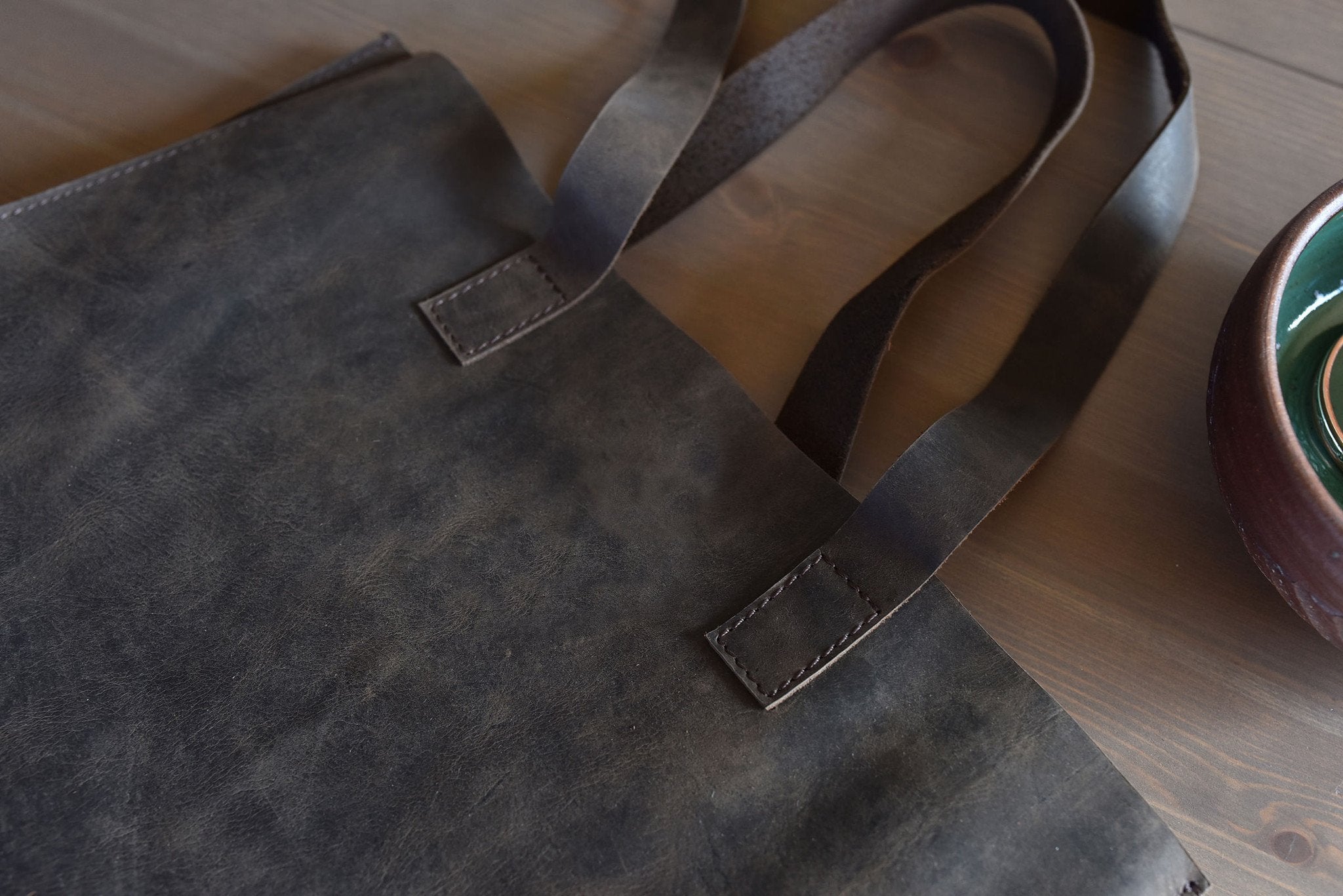 Kiko Raw Edge Tote Bag in marbled mocha top grain leather with vintage square shape and spacious interior