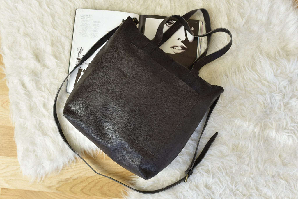 Kiko Journalist Tote Bag in top grain cowhide pebble leather with removable strap and spacious pockets