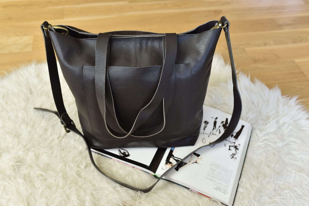 Kiko Journalist Tote Bag in top grain cowhide pebble leather with removable strap and spacious pockets