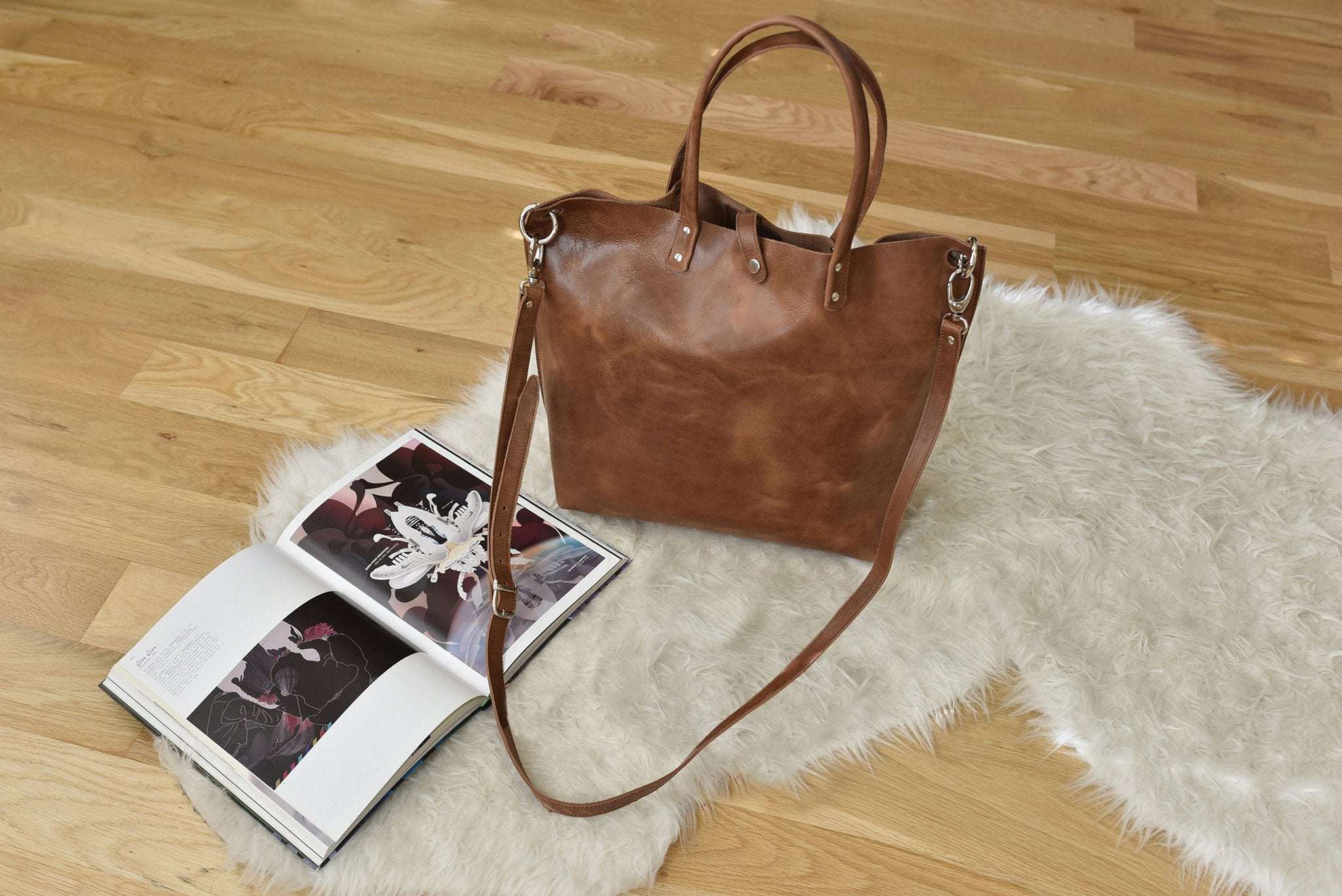 Caramel leather Paseo Shoulder Bag with removable strap and button closure