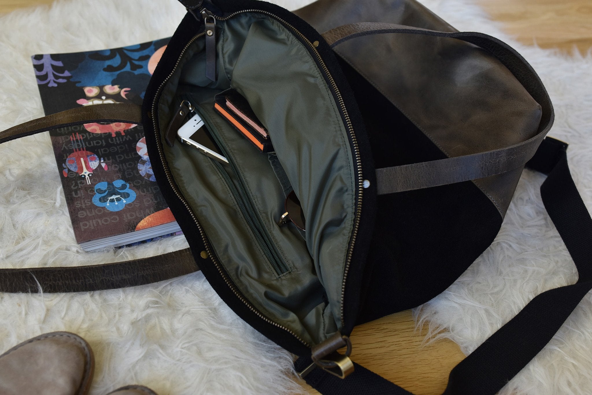 Kiko Boyfriend Canvas Shoulder Bag with brown leather bottom and removable strap