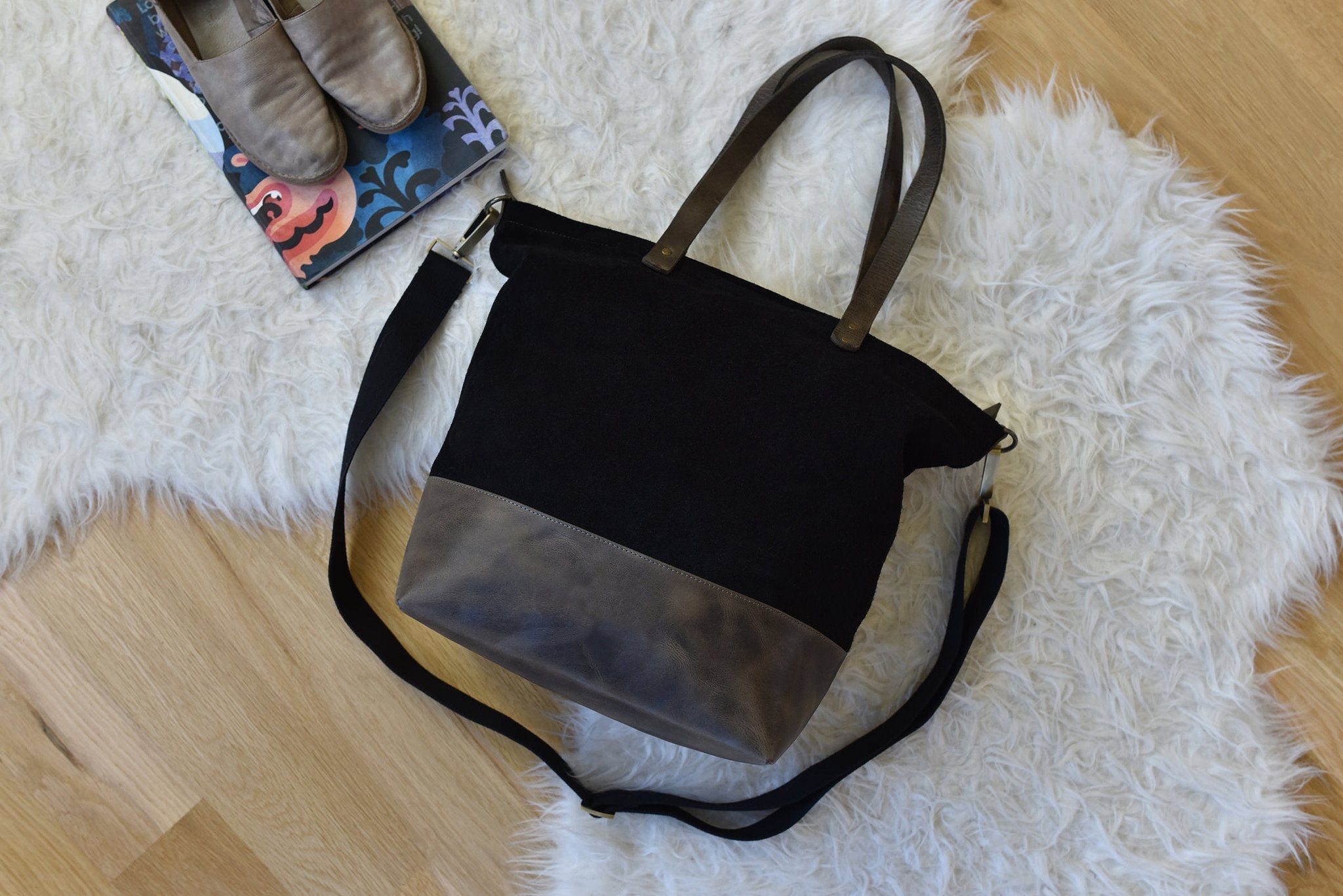 Kiko Boyfriend Canvas Shoulder Bag with brown leather bottom and removable strap