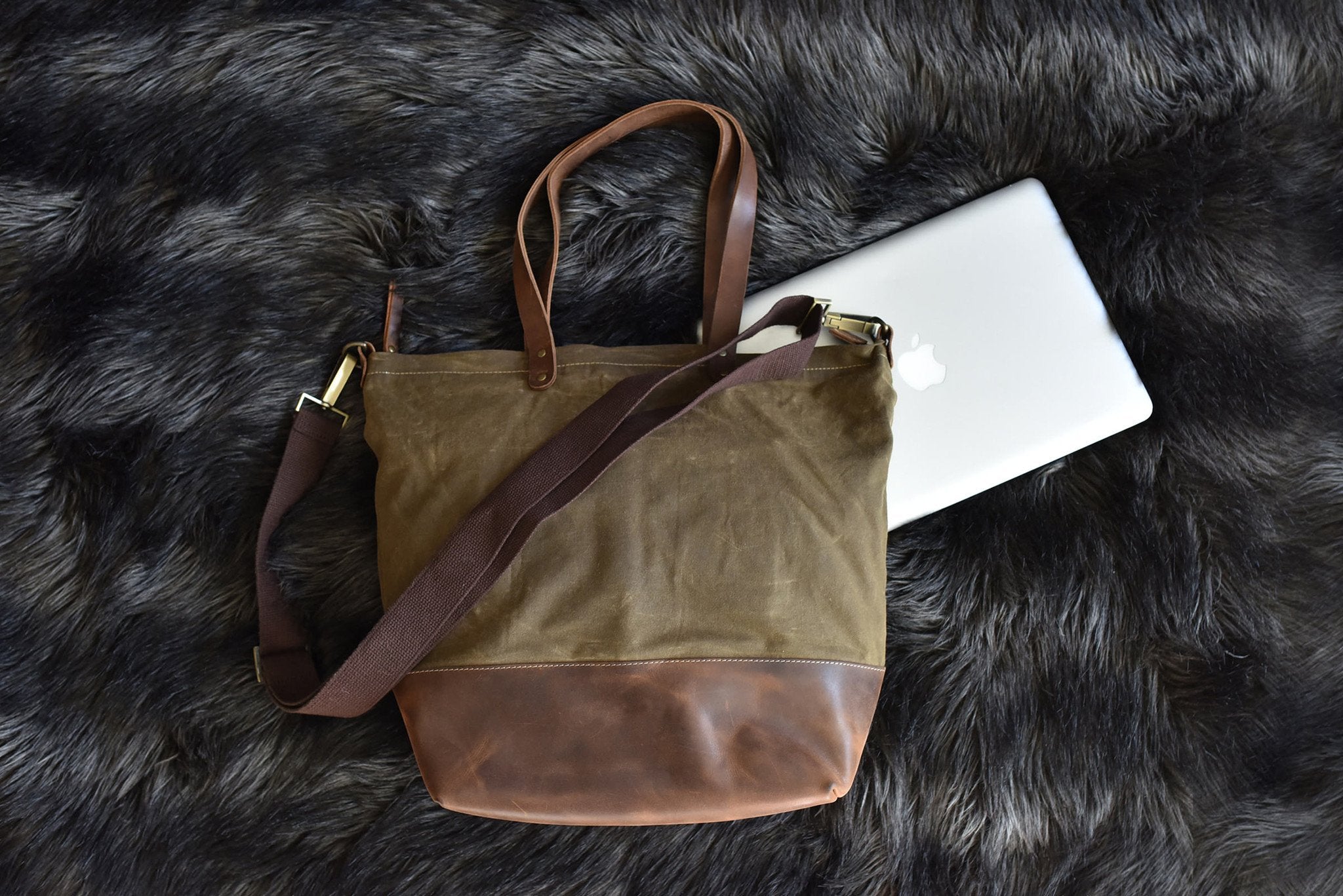 Kiko Boyfriend Canvas Shoulder Bag with genuine leather and canvas, featuring a structured brown leather bottom and removable shoulder strap.