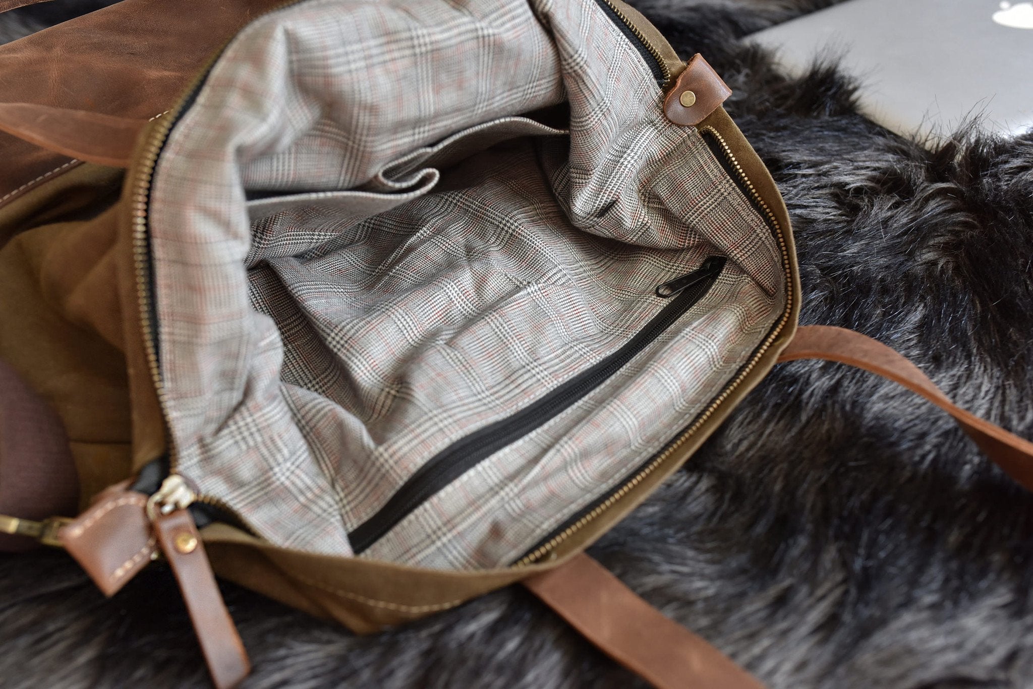 Kiko Boyfriend Canvas Shoulder Bag with brown leather bottom and multiple pockets