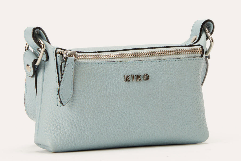 Genuine pebble leather Kiko crossbody bag with adjustable strap and zipper pockets