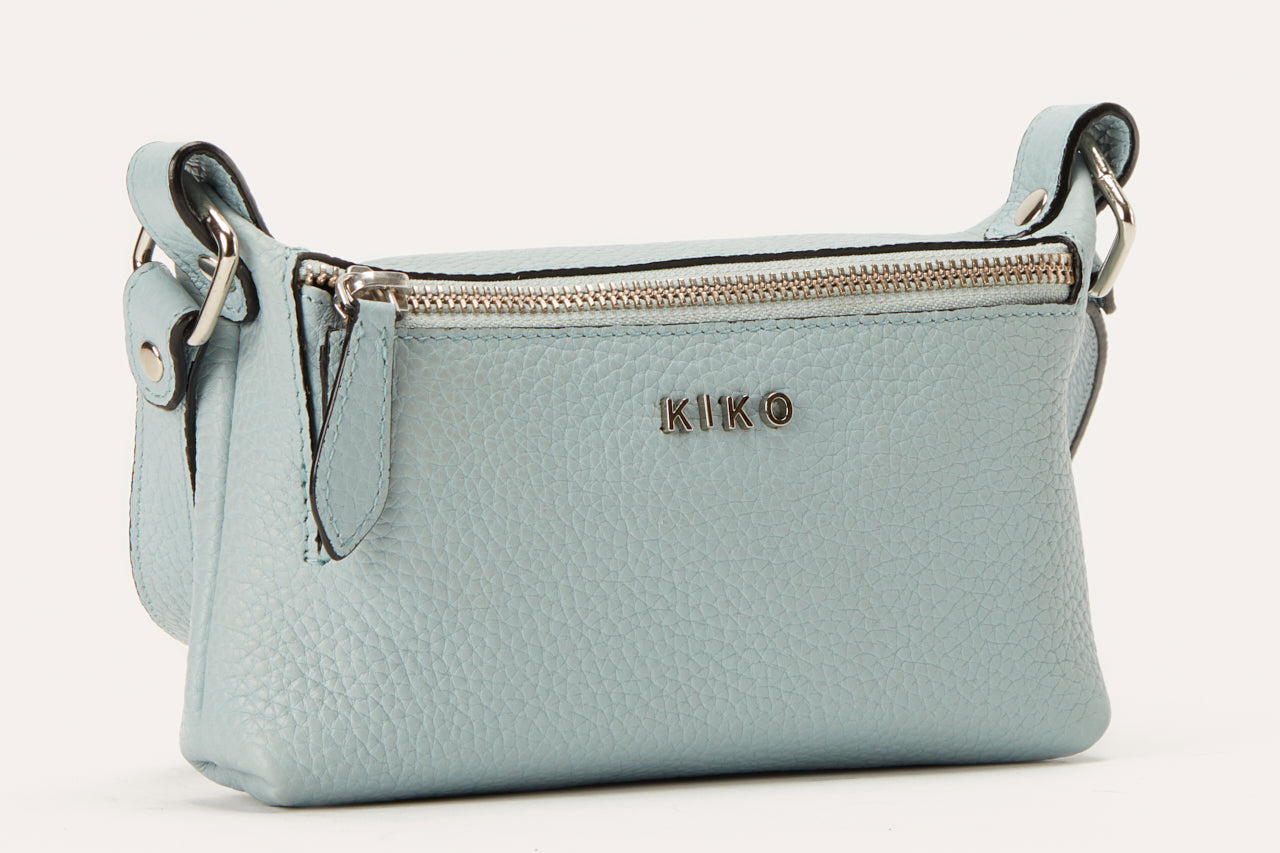 Genuine pebble leather Kiko crossbody bag with adjustable strap and zipper pockets