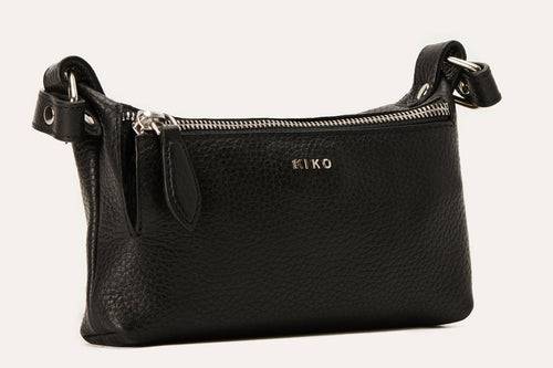 Genuine pebble leather Kiko crossbody bag with adjustable strap and zipper pockets