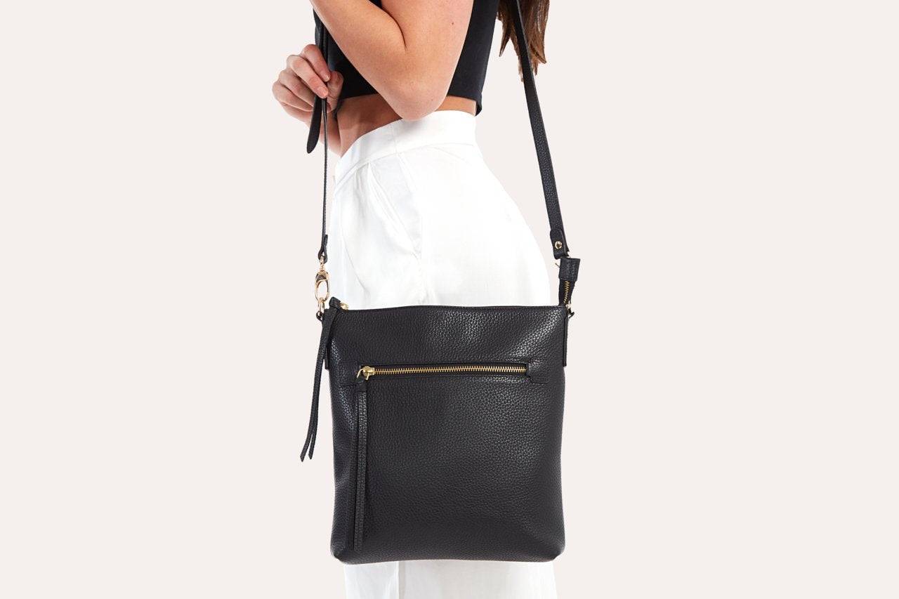 Kiko pebble leather crossbody bag with adjustable strap and external zipper pocket