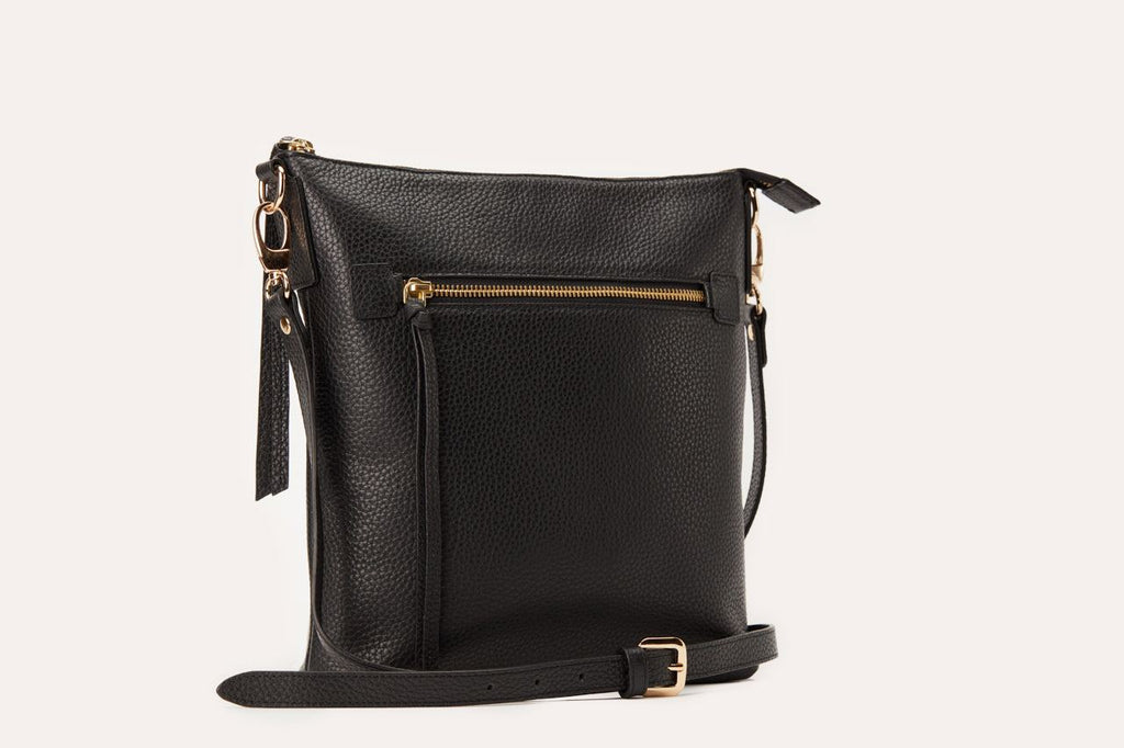 Kiko genuine pebble leather crossbody bag with external zipper pocket and adjustable strap