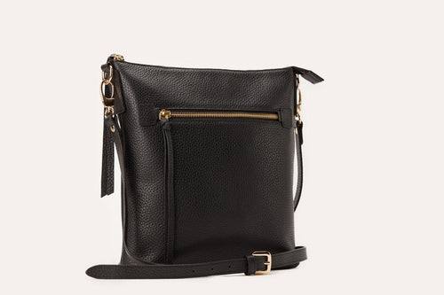 Kiko pebble leather crossbody bag in black with zipper pockets and adjustable strap for everyday use