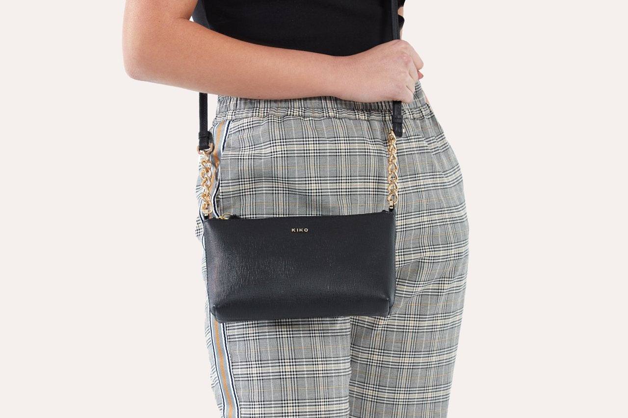 Kiko Two Chain Crossbody Bag in genuine saffiano leather with internal zipper pocket and compact size