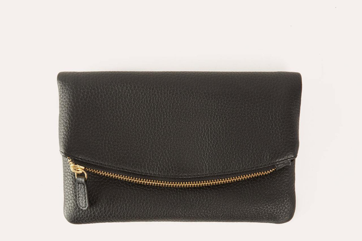Kiko flap clutch bag in genuine pebble leather with removable chain and leather strap, magnetic closure, and internal zipper pocket