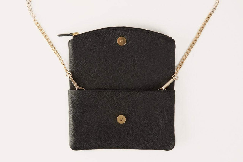 Kiko flap clutch bag in genuine pebble leather with removable chain and leather strap, magnetic closure, and internal zipper pocket