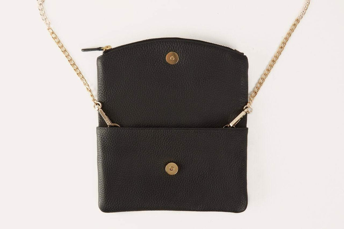 Kiko flap clutch bag in genuine pebble leather with removable chain and leather strap, magnetic closure, and internal zipper pocket
