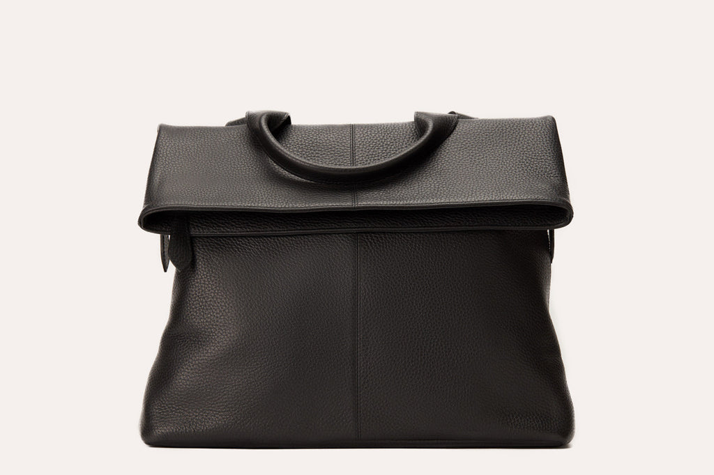 Genuine pebble leather Fold N Go Backpack with adjustable straps and multiple pockets for organization