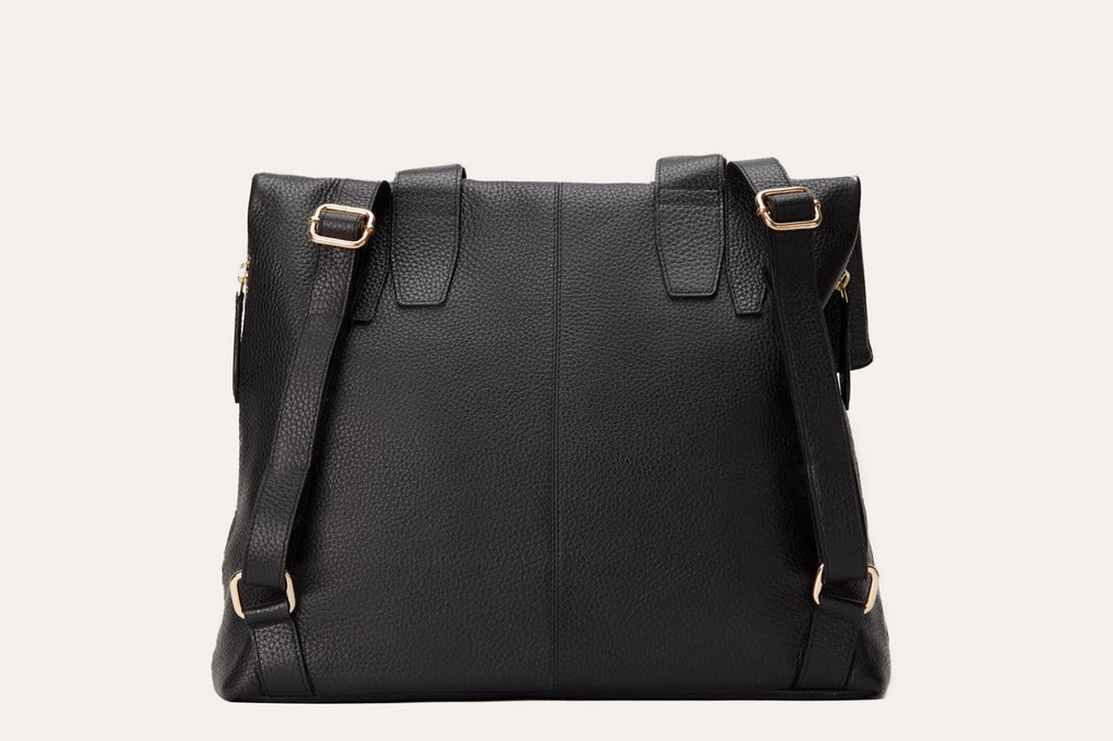 Genuine pebble leather Fold N Go Backpack with adjustable straps and multiple pockets for organized daily use