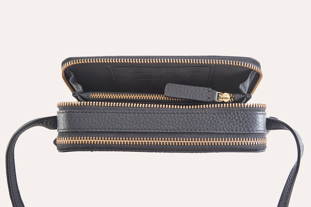 Kiko Pebble Leather Zip Around Crossbody Bag with adjustable strap and multiple compartments